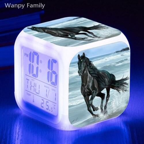 Water Running black horse LED alarm clock 7 color glowing multifunction night light watche clocks for kids birthday present