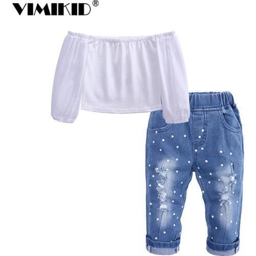VIMIKID Ins Europe and America Childrens Wear One Shoulder Top + Denim Pants 2 Piece Set Girl Set
