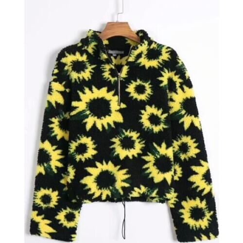 Top Women Sunflower Wool Sweater Coat Zipper Pullover French Street Hipster Stand up Collar Thick Knitted Printed Black Sweater