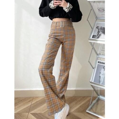 Womens wide-leg trousers spring, autumn and winter, high-waisted, slim checkered micro-flare trousers, retro plaid trousers