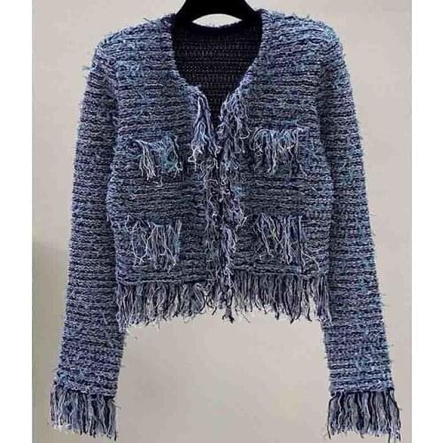 Women Tassel Cardigan Long-sleeved O-Neck Striped Knitted Short Pocket Jacket Fashion Outwear