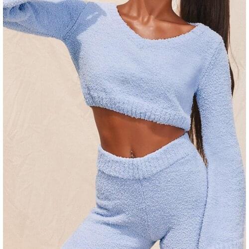 Women Winter Fuzzy Plush Warm Outfit Flare Long Sleeve Sexy V-Neck Crop Top Bodycon Biker Shorts Solid Sweater Tracksuit