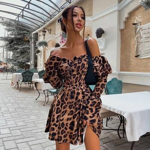 Leopard Print Strapless Mini Dress Women Early Autumn Lantern Sleeve Wrapped Chest Sexy Elegant High Street Clothing