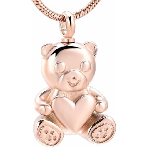 IJD10070-1 Cute Rose Gold Teddy Bear Pendant Necklace Stainless Steel Heart Memorial Urn Ashes Keepsake Jewelry