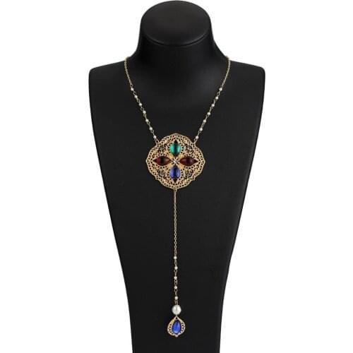 Female Colorful Crystal Necklace Winter Sweater Long Chain Pendant Charm Statement Choker Fashion Women Jewelry Accessories