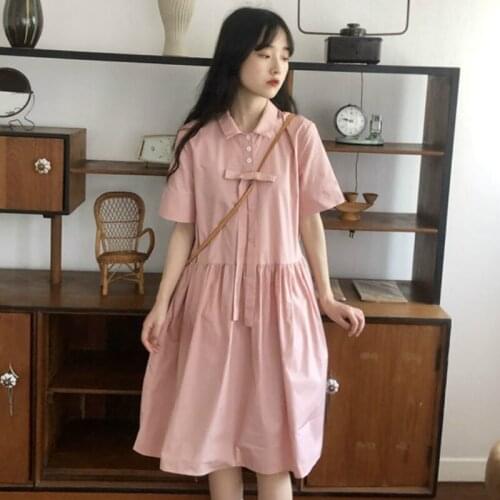 Dress Women Female Clothing Harajuku Fashion Bow Design Preppy Style Girls Summer Dresses Midi Loose Lovely Pink Lapel Leisure