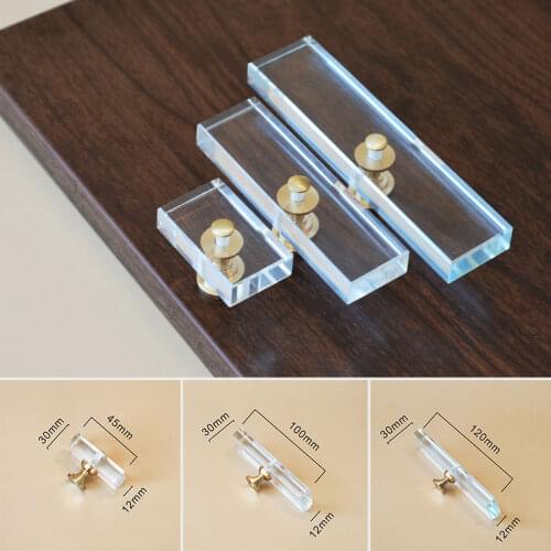 1PC Brass Glass Transparent Crystal Dresser Drawer Knbos And Pulls Kitchen Cabinet Door Knobs Rectangle Single Hole Handles