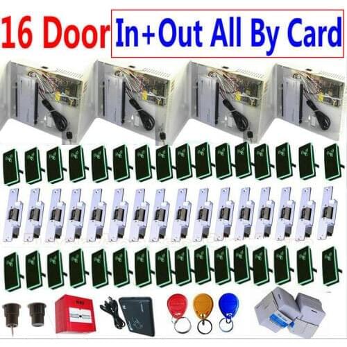 16 Doors Enter+Exit All By Swipe Cards with 32 pcs RFID Card Reader+Door Strike+Web Control+PC Software Access Controller Full