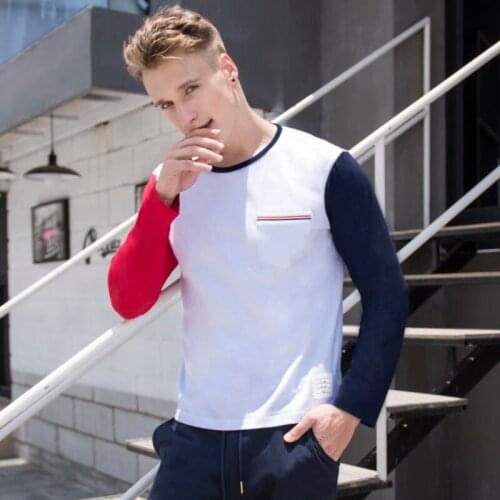 2021 Fashion TB THOM Brand T- Shirts Men Casual Slim Cotton T-shirts Long Sleeve Patchwork Panelled Personality O-Neck Clothing
