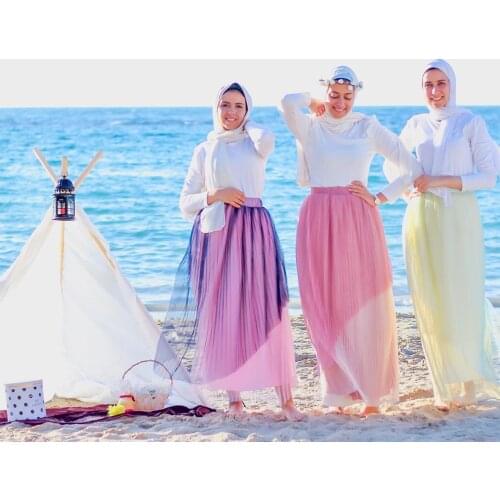 Double-layer Pleated Muslim Skirt Women Bottoms Dubai Turkey Islamic Moslim Colorful Mesh Elastic Waist Long Skirts Y1273