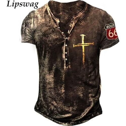 Vintage Cross Print Summer Casual T Shirts Men Short Sleeve Loose Pullover Tops Fashion Button O-Neck Tees Shirt 2021 Streetwear
