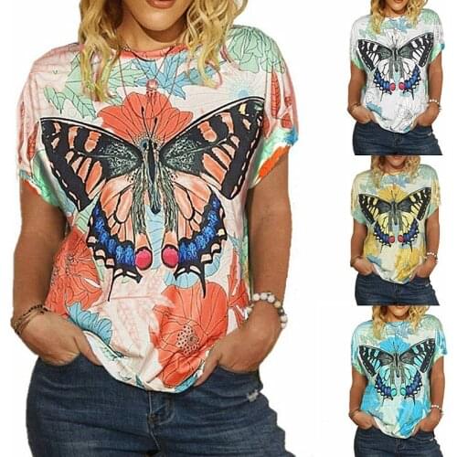 Summer New Butterfly Print Round Neck Tshirt Oversize Short Sleeve Tops Vintage Fashion Pullover Casual Women Clothing