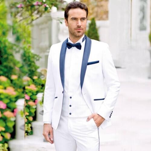 Hot Sale White Men Suits Three Pieces Shawl Lapel Tailored Formal Tuxedos One Button Prom Blazers (Jacket+Vest+Pants)