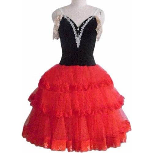 Spanish Kitri Ballet Long Tutu Red Black,Professional Ballet Stage Costume,Don Quixote Variation Performance Tulle Dress