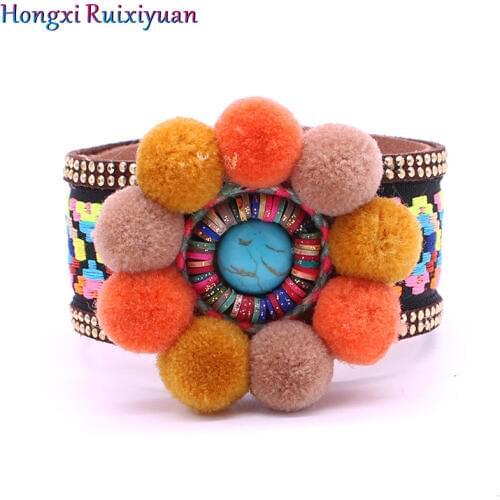 Leather bracelet Jewelry Bohemian Handmade Colorful Cotton Ball Flower Bracelet & Bangles Gypsy Friendship Bracelet Gift
