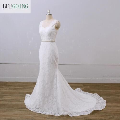 Ivory Lace Sleeveless Bridal gown Floor length Mermaid /Trumpet Wedding dress Chapel Train Custom made