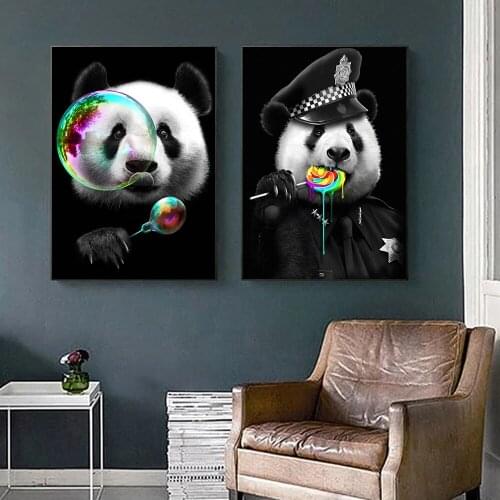 Lovely Panda Police Blowing Bubbles Canvas Paintings on The Wall Art Cartoon Pictures Art Animals for Childrens Room Home Decor
