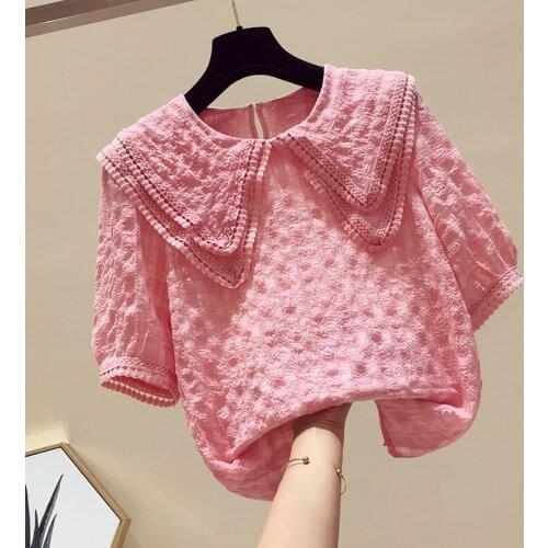 Sweet Style Pink Chiffon Lace Women Blouse Summer New 2021 Turn-Down Collar Solid Cute Female Pulls Outwear Tops
