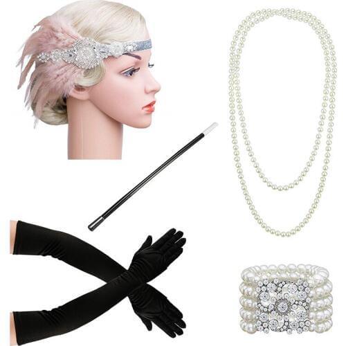 1920s Accessories Set Flapper Costume for Women Headband Gloves Cigarette Holder Necklace Bracelets