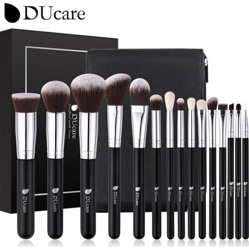 DUcare 15pcs Black Makeup Brushes Set Powder Foundation Eyeshadow Professional Synthetic Goat Hair Make Up Brush Kit with Bag