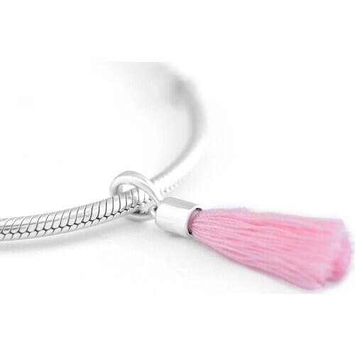 Genuine 925 Sterling Silver Bright Pink Fabric Tassel Charms Fits Original Charm Bracelet Beads for Jewelry Making Berloques