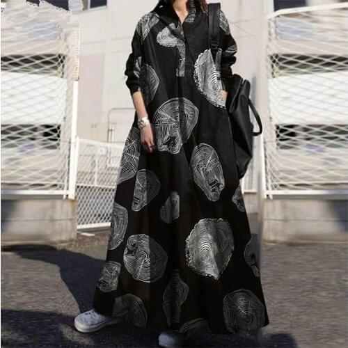 Spring Autumn Stylish Women Vintage Long Sleeve Loose Sundress 2021 Casual Long Maxi Dress Kaftan Femme Print Party Vestido Robe