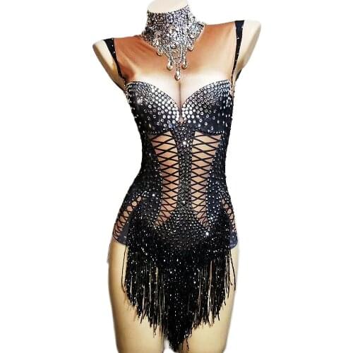 Sparkling Rhinestones Tassel Bodysuit Women Striped Printing Backless Bodycon Ladies Nightclub Performance Dance Costume