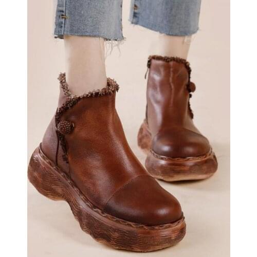 2021 New Autumn Winter Retro Warm Shoes Women Boots Genuine Leather Zip Round Toe Wedges Leisure Handmade Concise Platform Boots