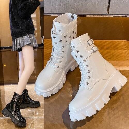 Big Size 42 Ladies Shoes Women Boots Military Womens Ankle Boots Buckle Rivet Platform Short Boots Womens Shoes Black Booties