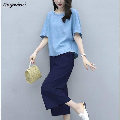 Women Sets Solid Half Sleeve T-shirt Elastic Waist Calf-length Pants Lazy Elegant Loose-fitting Leisure Lounge Wear Females Chic