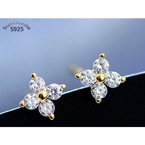 Genuine Real Pure Solid 925 Sterling Solid Silver Stud Earrings for Women Fine Jewelry Flower Cubic Zircon Female Gold Earring