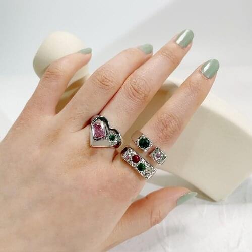 Korean Love Heart Pink Green Zircon Beads Inlaid Finger Rings For Women Hip Hop Stylish Personality Girl Gift Jewelry