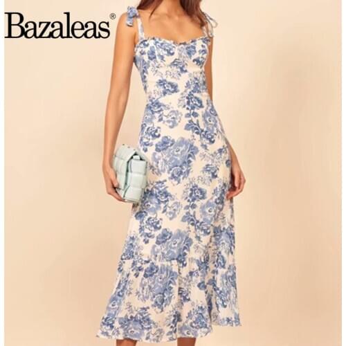 Bazaleas Holiday Spaghetti straps women dress Blue Floral Print vestido Elegant women Midi dressesFashion Ruffles Long dress