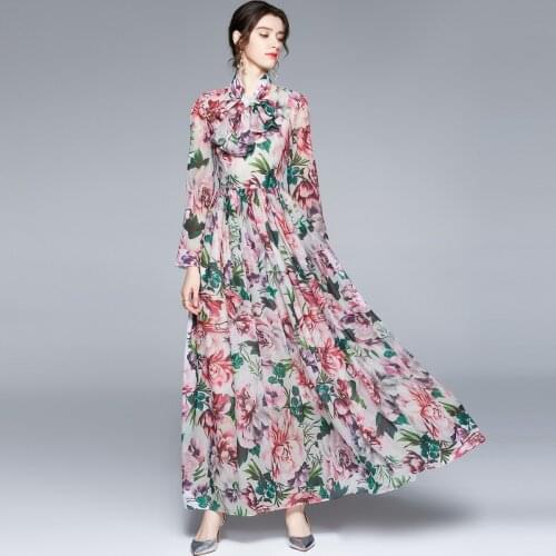 JSXDHK Bohemia Holiday Beach Flower Maxi Dress Runway Elegant Summer Women O Neck Floral Print Chiffon Pink Long Dress With Belt