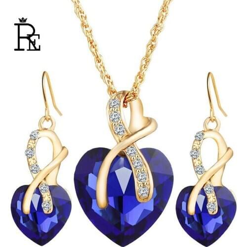 Gold chain love crystal heart jewelry sets for women necklace earrings jewellery set new bridal wedding accessories Y35