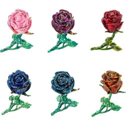 13MC Creative Alloy Rose Flower Jewelry Storage Box Faux Diamond Rings Earrings Case Organizer Holder Decoration