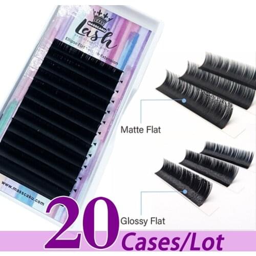 20case/lot Top quality 12 lines flat eyelash extensions vender ellipse flat eyelash extension 8-18mm matte flat eyelashes