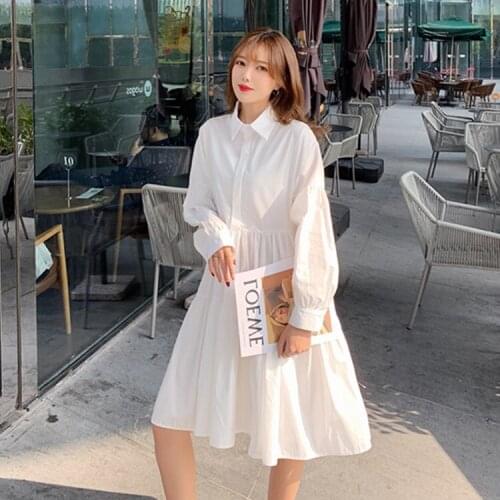 2020 Women Summer Autumn Korean Button Pleated Dress Long Sleeve Sweet Casual Plus Size A-Line Versatile Fashion New