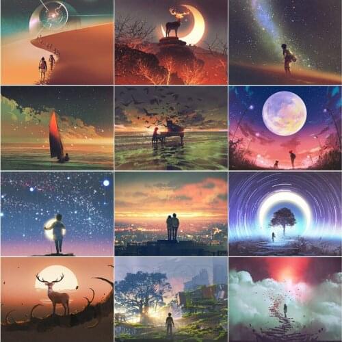 Diamond Painting Cartoon Anime Style Character Moon Elk Starry Sky Piano Bird Strange Fantasy Landscape Bedroom Hall Decor Mural