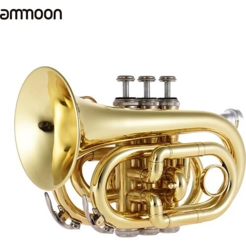 Ammoon Mini Pocket Trumpet Bb Flat Brass Wind Instrument with Mouthpiece Gloves Cleaning Cloth Carrying Case