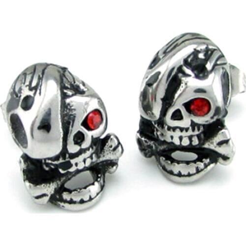 Free Shipping ! Wholesale Price Boys Girls 316L Stainless Steel Red Zircon Eye Skull Bones Stud Push-back Earrings Jewelry