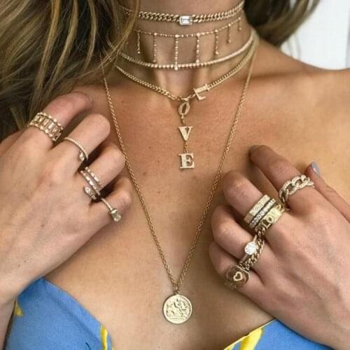 LOVE letter heart cubic zirconia Miami wide Curb Cuban link chain necklaces Y lariat multi layer women necklace valentines gift