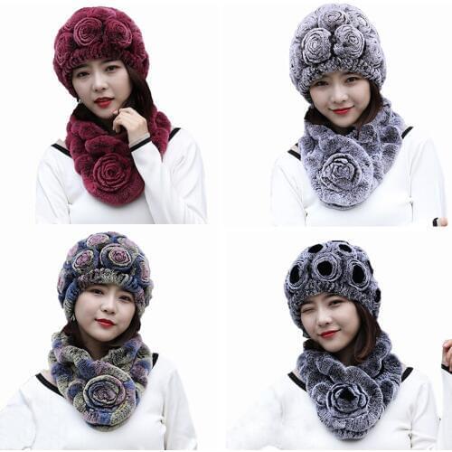 Womens Winter Fur Scarf and Hats 2Pcs Real Rex Rabbit Fur Rose Cap Fluffy Soft Neckerchief