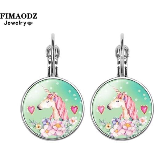 FIMAODZ Unicorn Earrings Kids Cartoon Rainbow Horse Heart Flower Art Photo Glass Gem Silver Dangle Earings Fashion Jewelry Gift