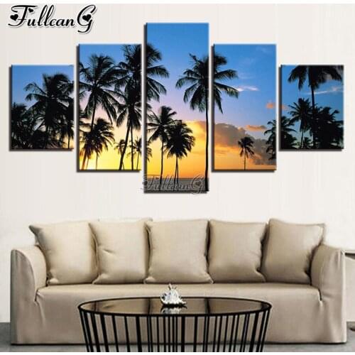 FULLCANG sunset coconut tree landscape 5 piece diy diamond painting full square round drill mosaic embroidery sale FG0188