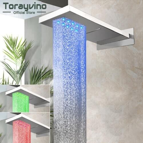 Toratvino LED Chrome Polished Bathroom Shower Head Faucet Rainfall & Waterfall Wall Mounted Bar Shape Shower Mixer Tap Faucets