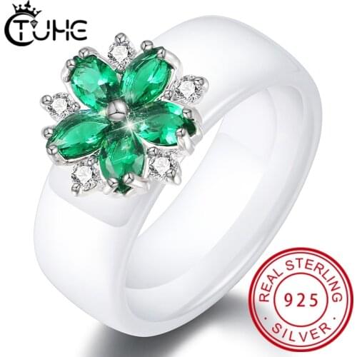 AAA Green Flower Crystal Women Rings 8mm Width Black White Healthy Ceramic Rings Finger Women Wedding Birthday Gift