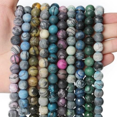 Natural Matte Stone Beads Dull Polish Blue Green Black Web Jaspers Smooth Beads Mineral Beads for Jewelry Making DIY Bracelet