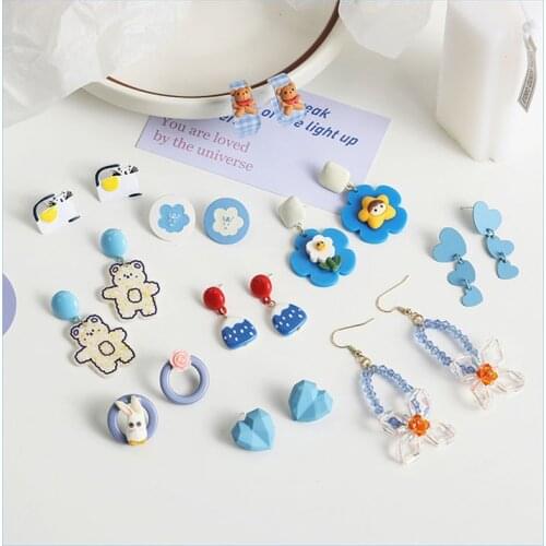 Japanese New Cartoon Fresh And Cute Earrings Acrylic Fashion Bunny Bear Blue Elegant Sweet Ear Jewelry Female