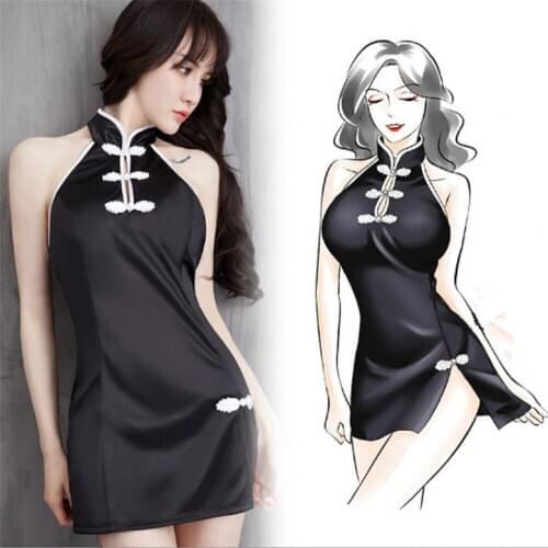 Sexy Cheongsam Chinese Style Backless Halter Split Dress Vintage Apparel Perspective Pajamas Party Lace Mini Qipao Porn Lingerie